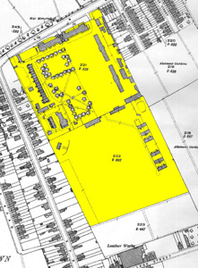 The area of the original barracks shown in yellow